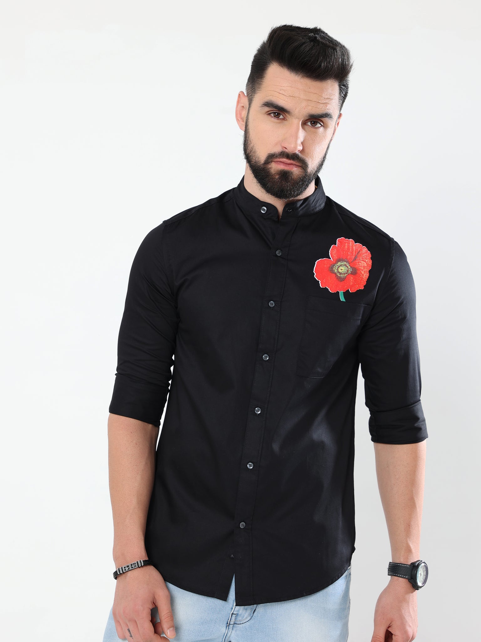 Poppy Print Black Shirt