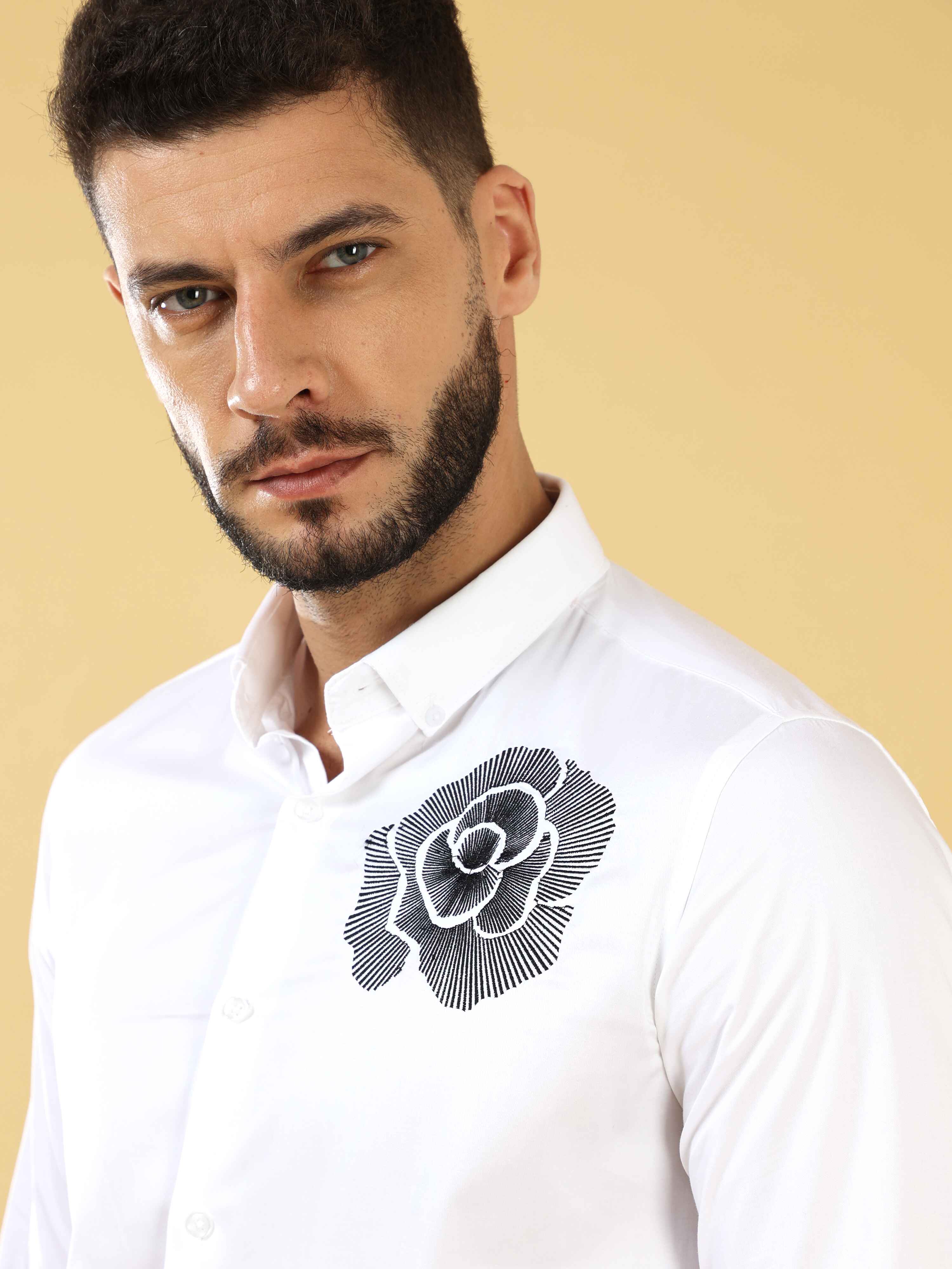 Flower Embroidery White  Shirt