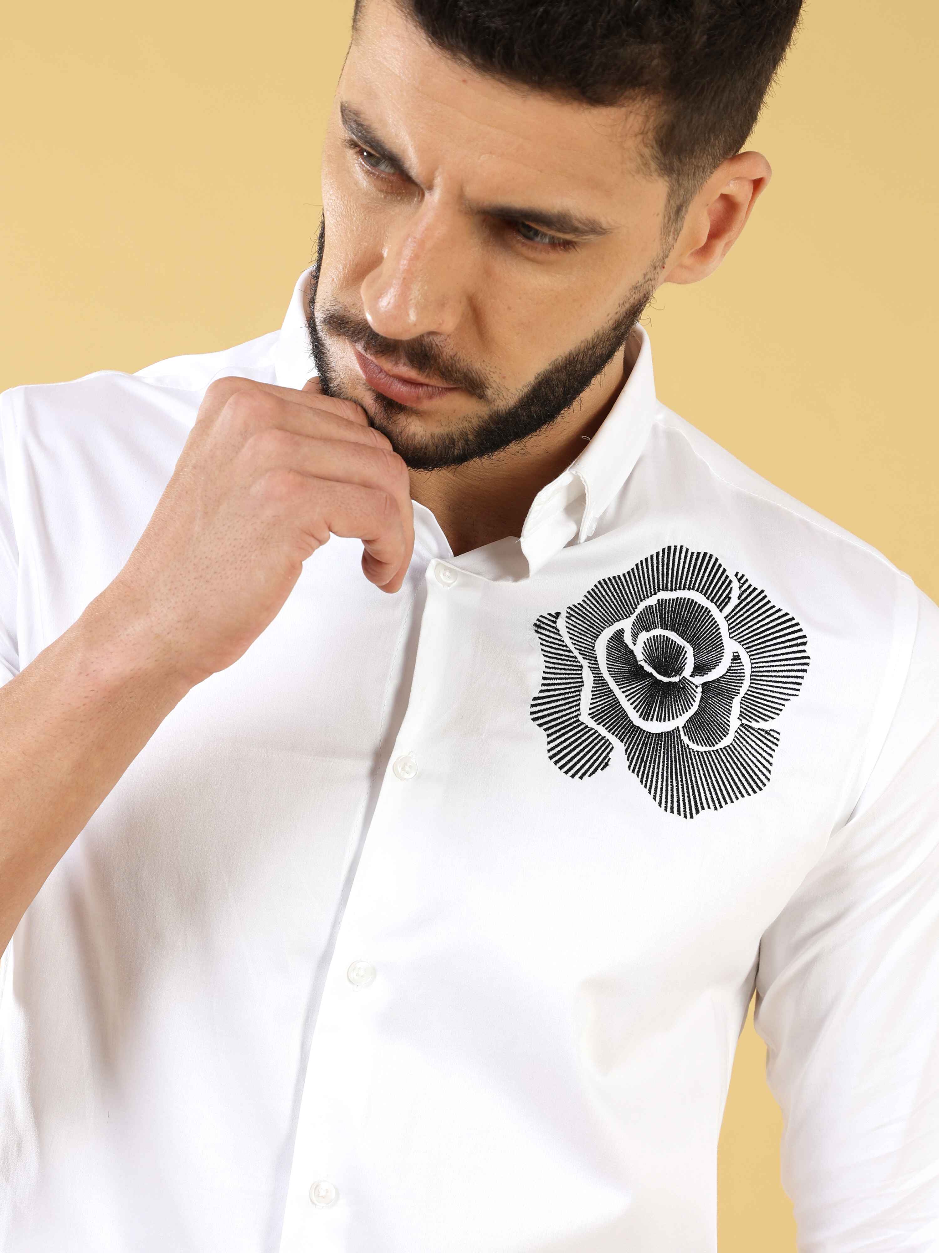 Flower Embroidery White  Shirt