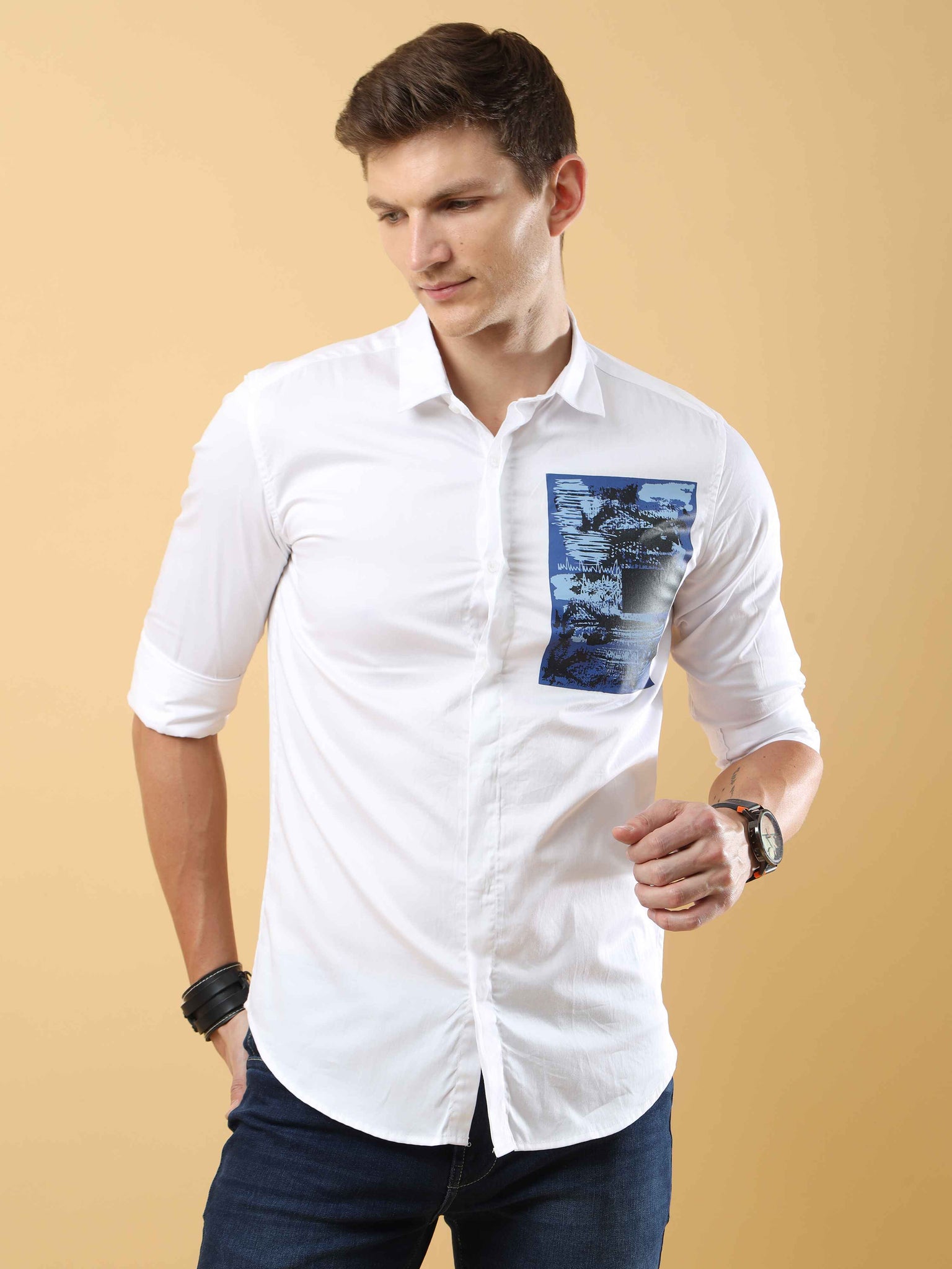 Pocket Printed White Shirt