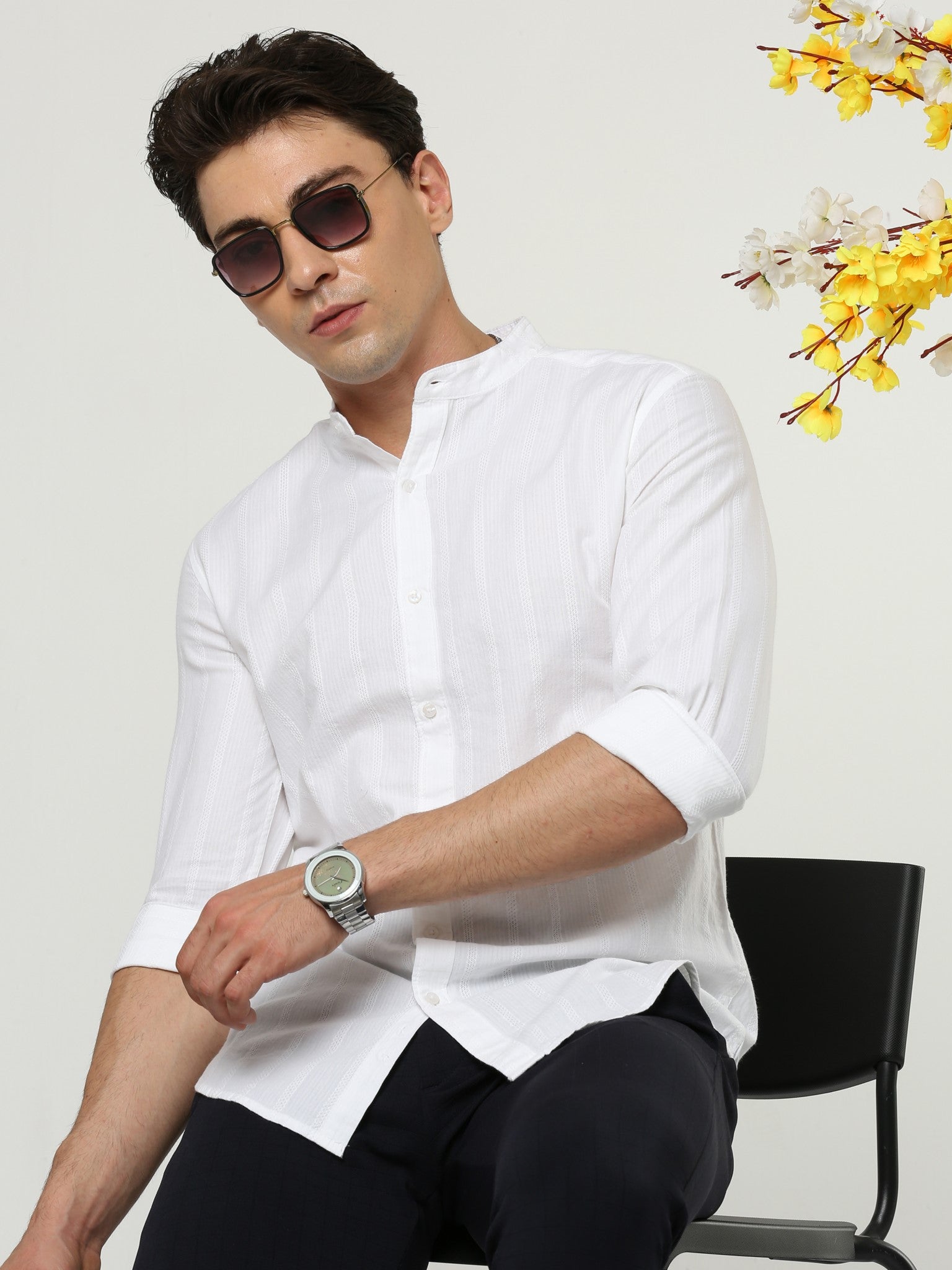 Lino Lattice Stripes White Shirt
