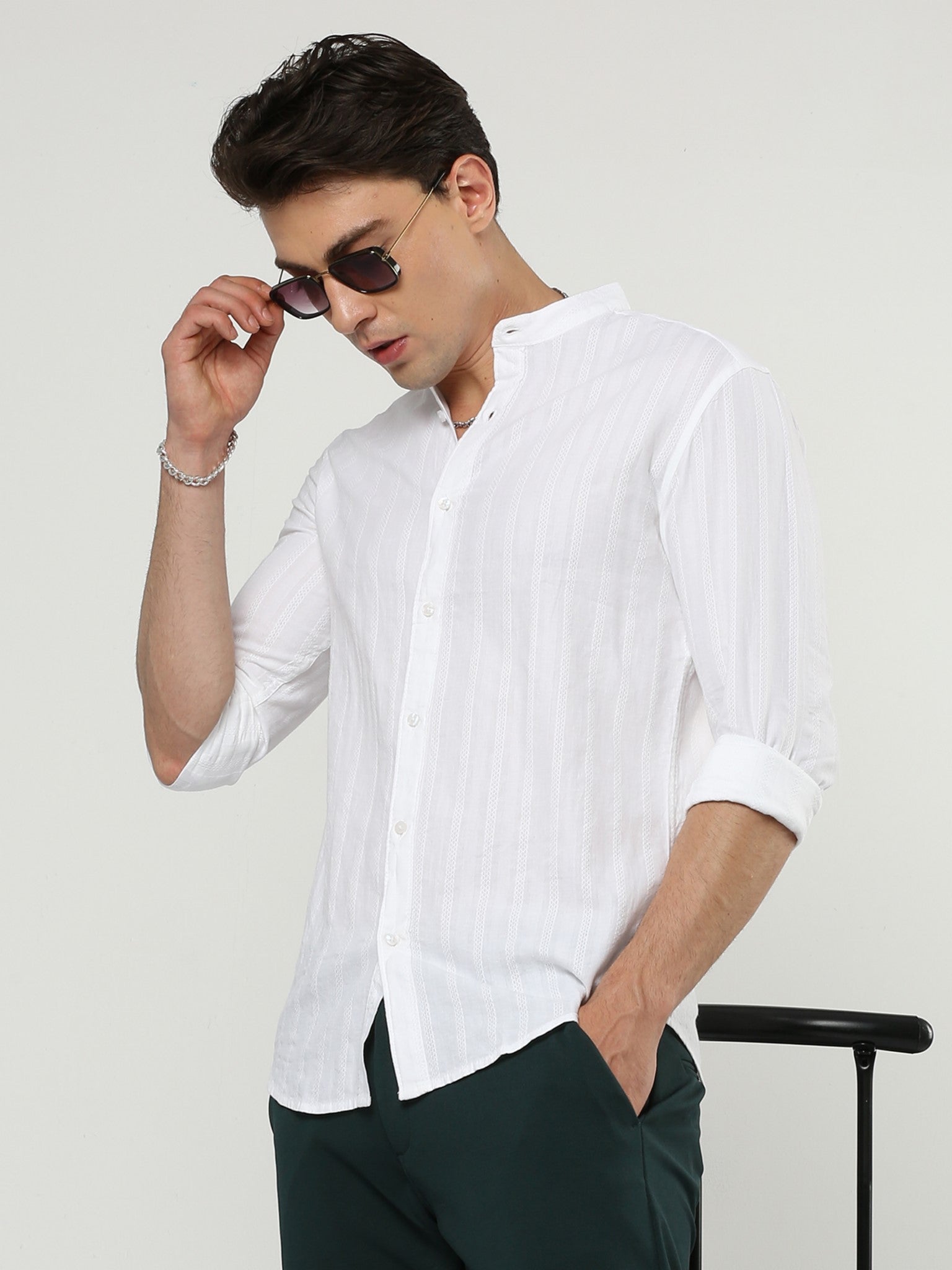 Fancy Leno Stripes White Shirt