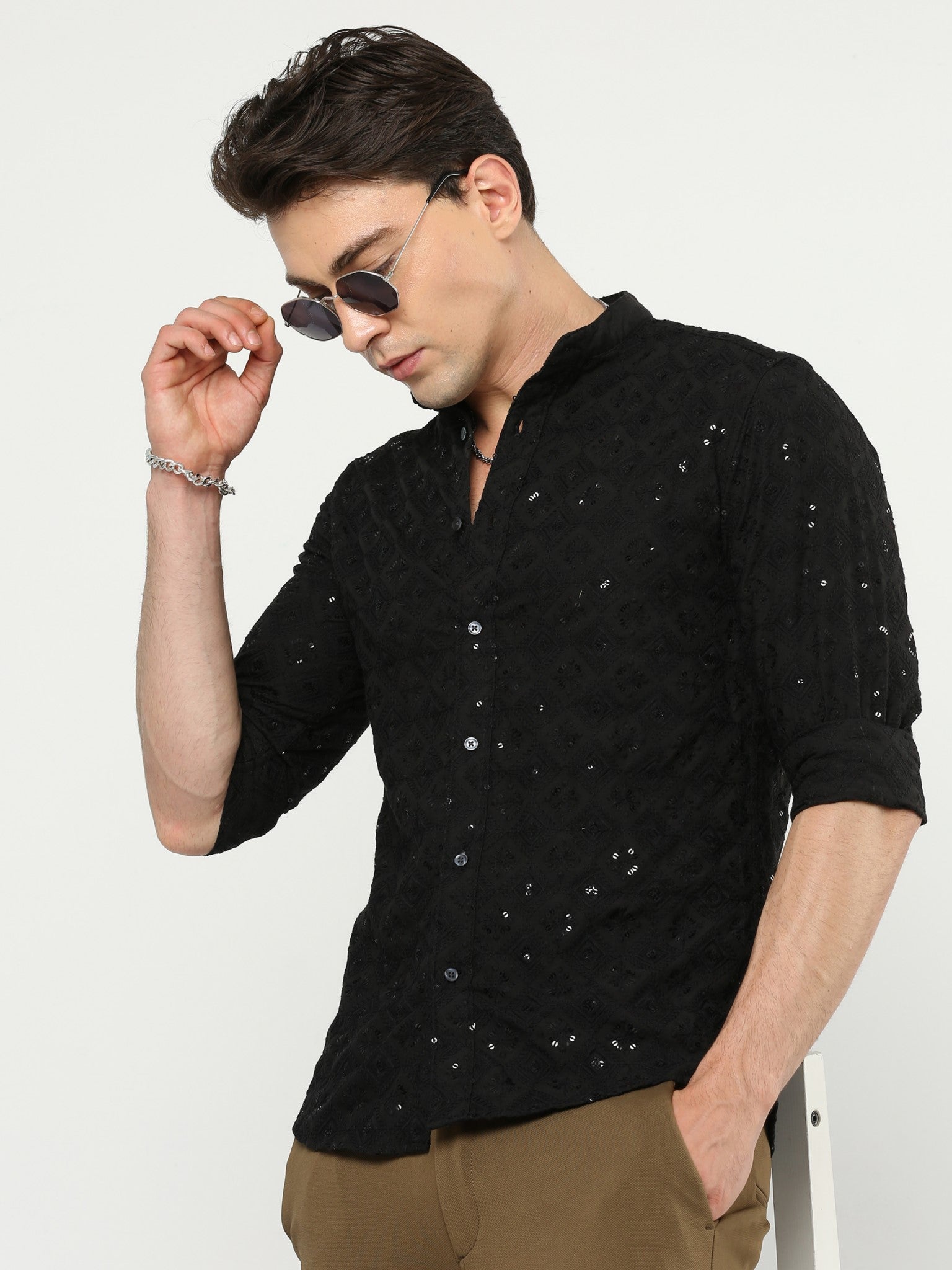 Shop Diamond Embroidered Black Long Sleeve Shirts Badmaash