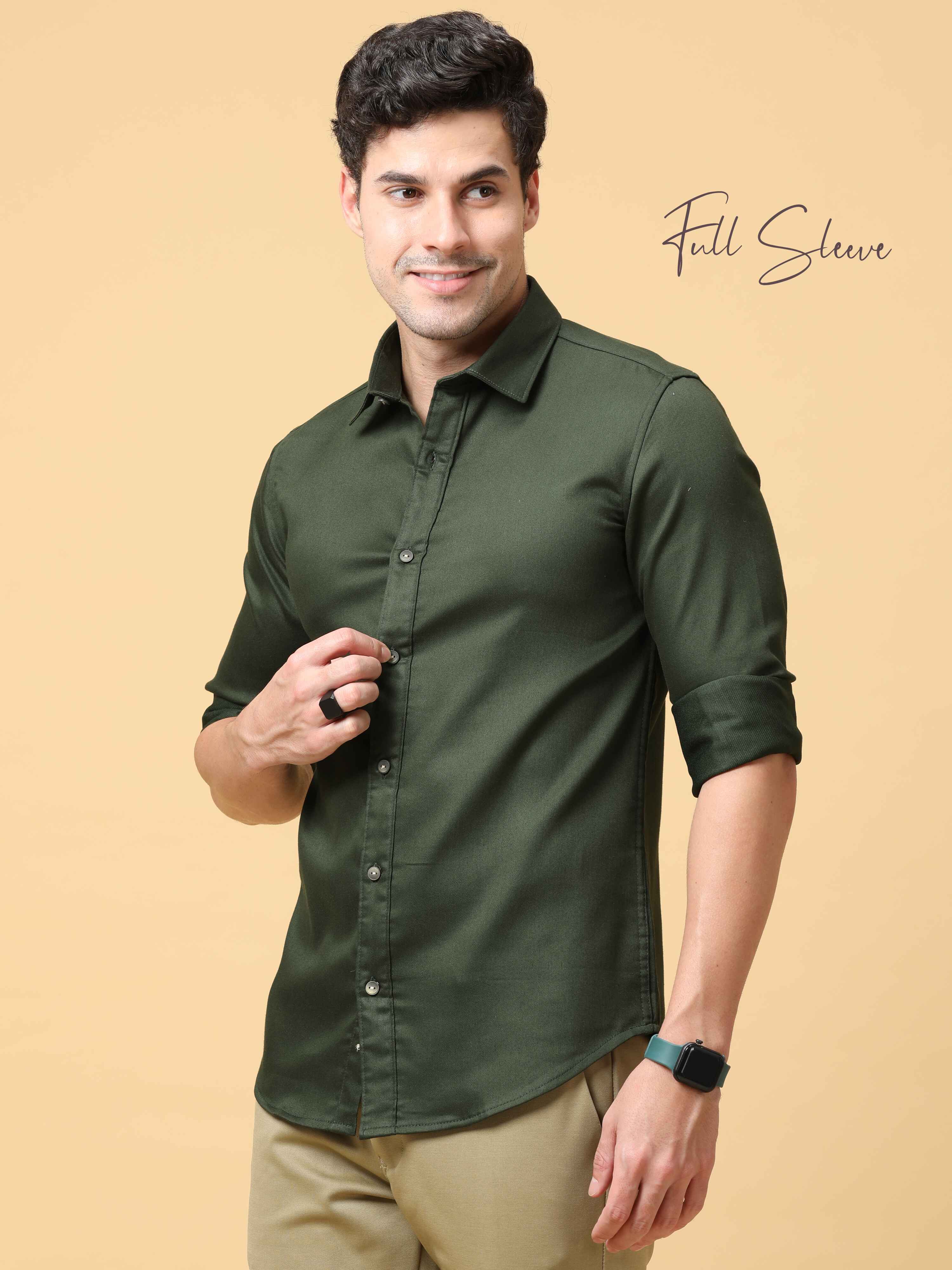 Herringbone Olive Green Stretch Shirt